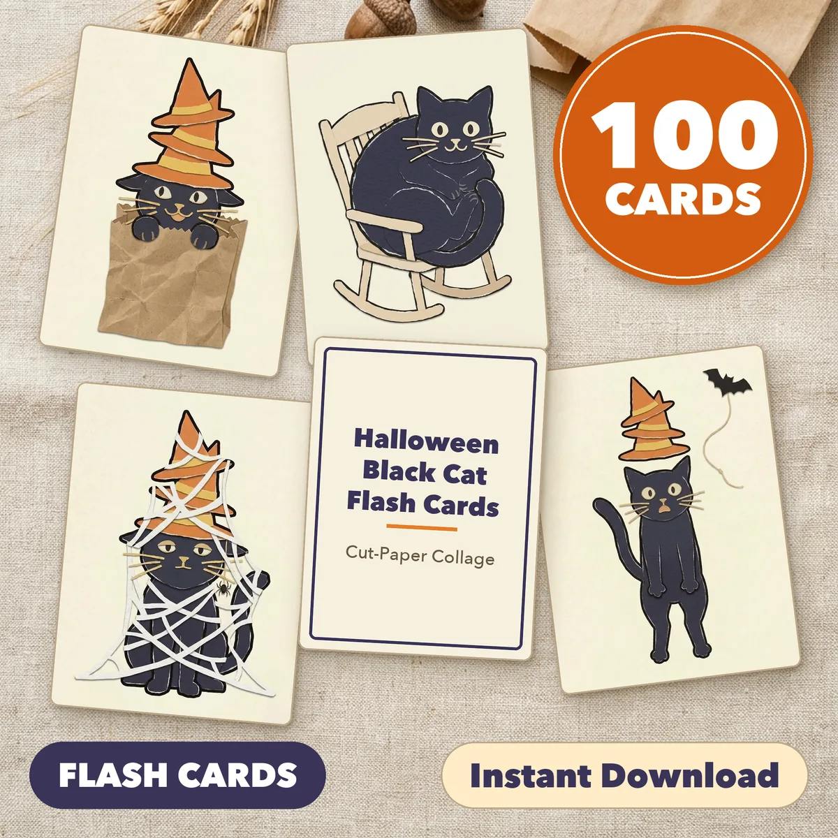 Four black cat cards fanned around a title card on a light table, under a round badge reading 100 CARDS, with the labels Print and Cut and Instant Download.