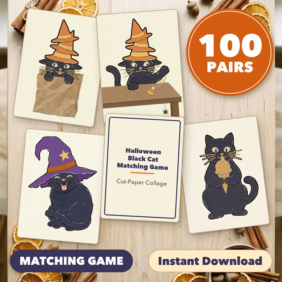 Four black cat cards fanned around a title card on a light table, under a round badge reading 100 PAIRS, with the labels Print and Cut and Instant Download.