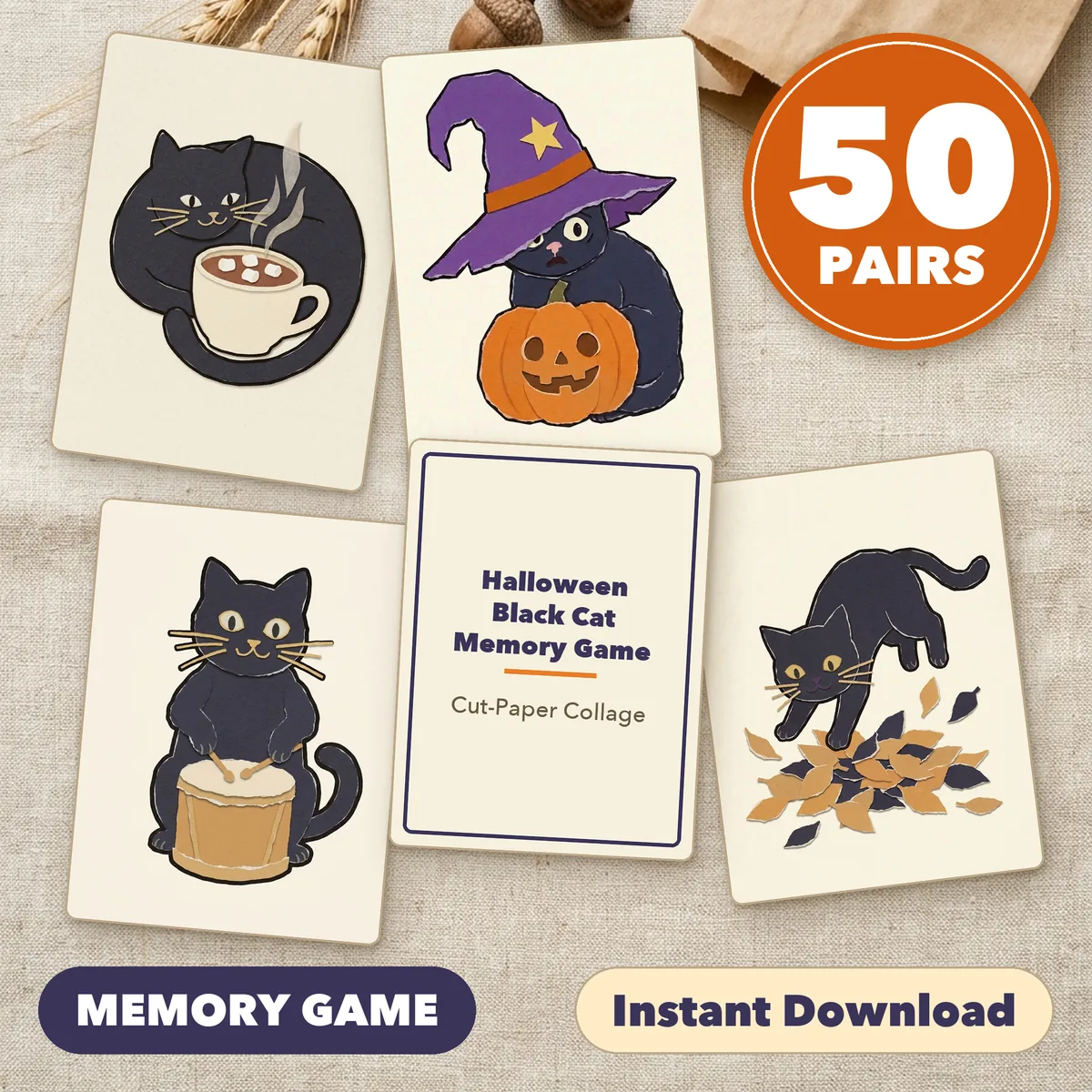 Four black cat cards fanned around a title card on a light table, under a round badge reading 50 PAIRS, with the labels Print and Cut and Instant Download.