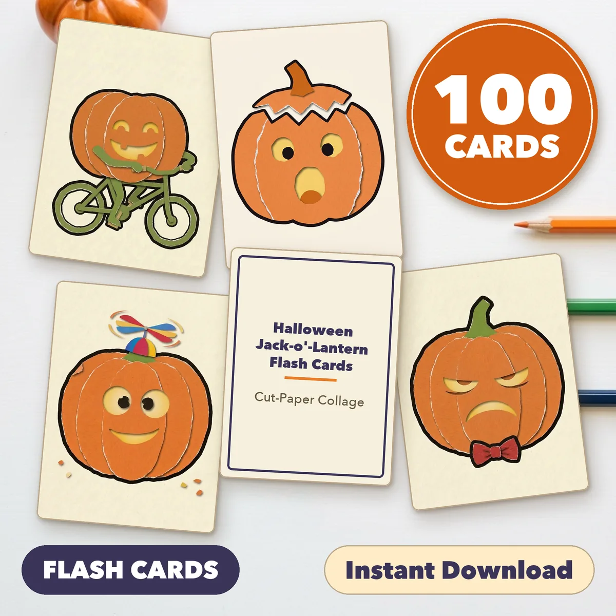 Four jack-o'-lantern cards fanned around a title card on a light table, under a round badge reading 100 CARDS, with the labels Print and Cut and Instant Download.