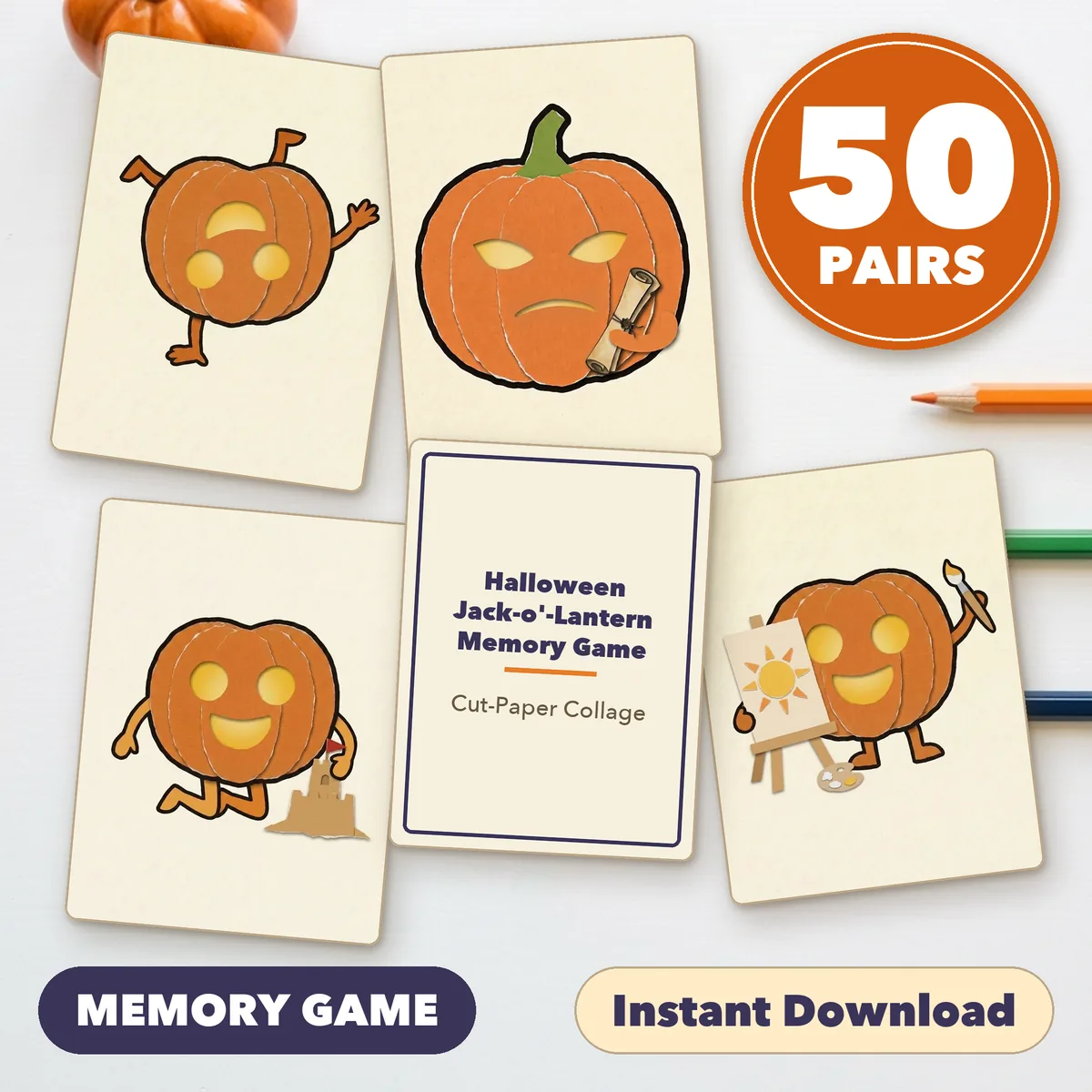 Four jack-o'-lantern cards fanned around a title card on a light table, under a round badge reading 50 PAIRS, with the labels Print and Cut and Instant Download.