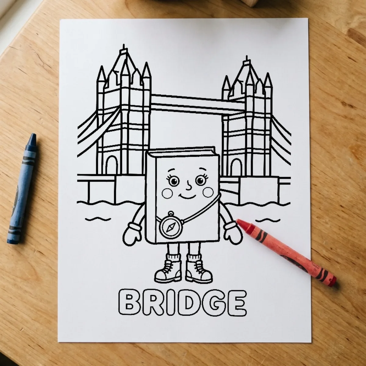 The Tallyboo Goes to London page “BRIDGE” printed and lying on a wooden table, a red crayon across its corner.