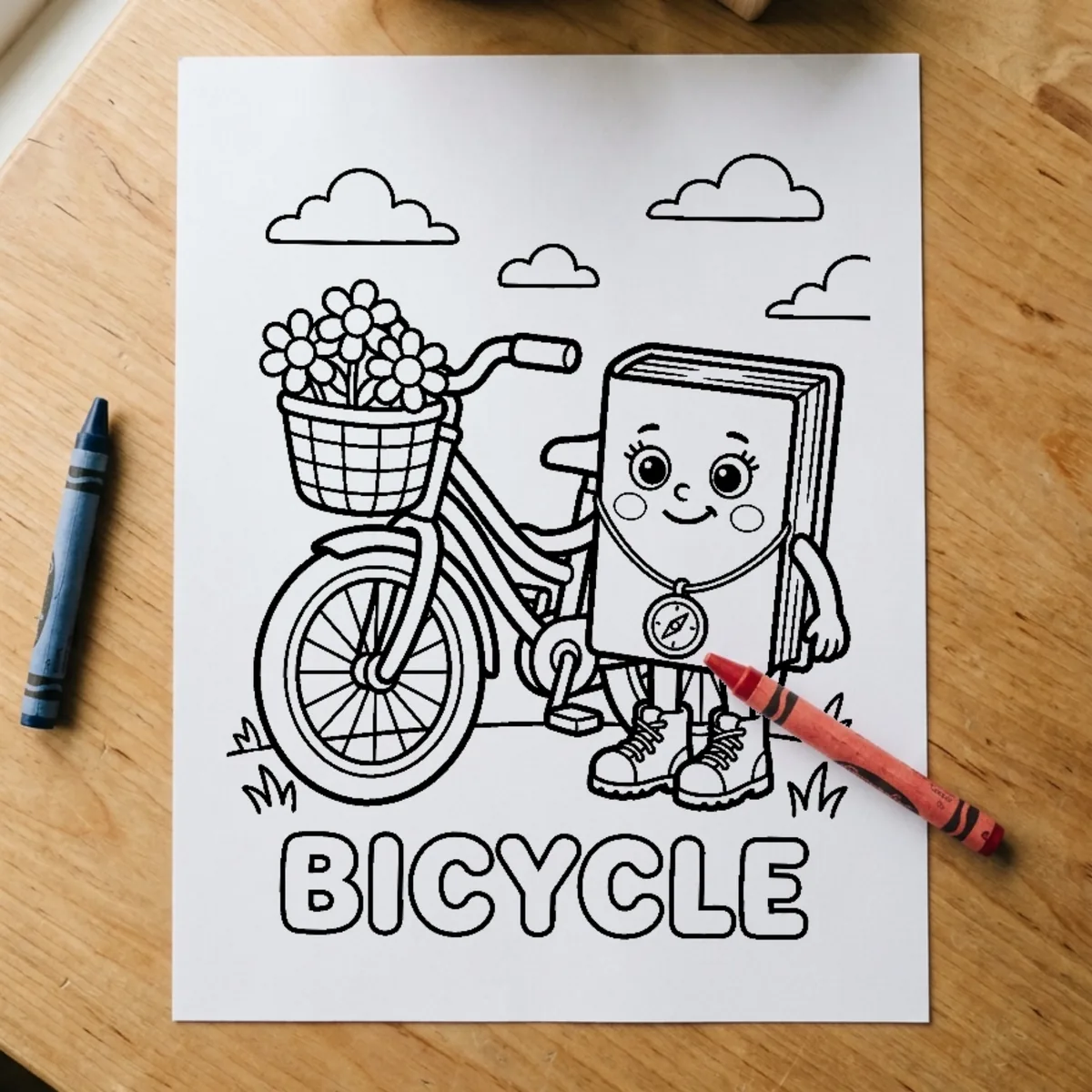 The Tallyboo Goes to Paris page “BICYCLE” printed and lying on a wooden table, a red crayon across its corner.