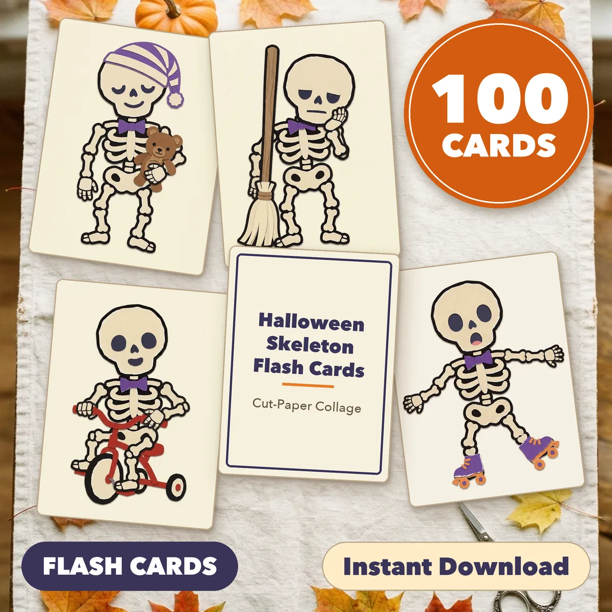 Four skeleton cards fanned around a title card on a light table, under a round badge reading 100 CARDS, with the labels Print and Cut and Instant Download.