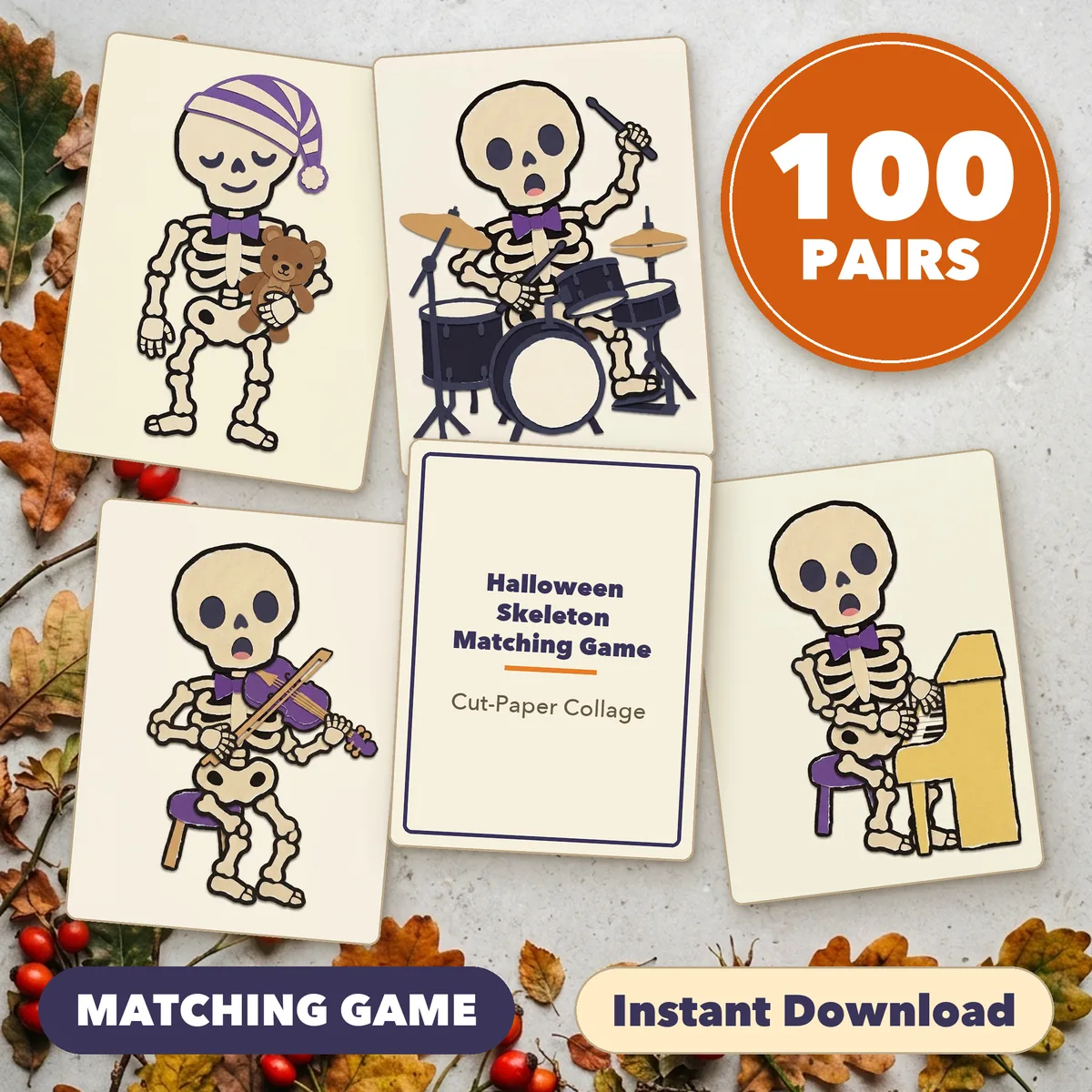 Four skeleton cards fanned around a title card on a light table, under a round badge reading 100 PAIRS, with the labels Print and Cut and Instant Download.