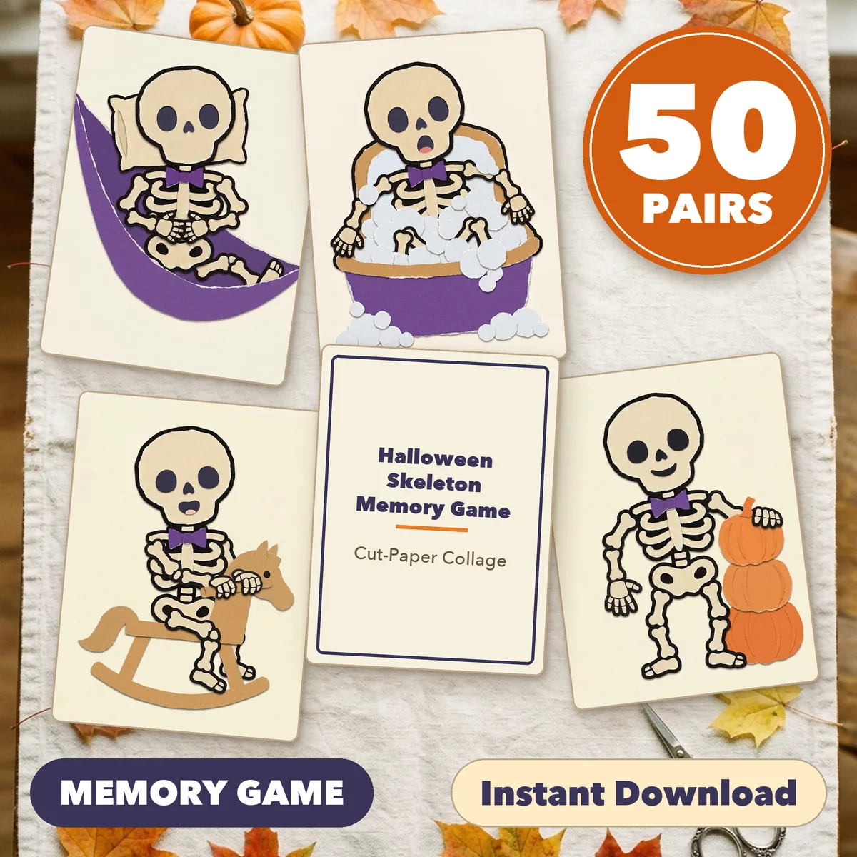 Four skeleton cards fanned around a title card on a light table, under a round badge reading 50 PAIRS, with the labels Print and Cut and Instant Download.