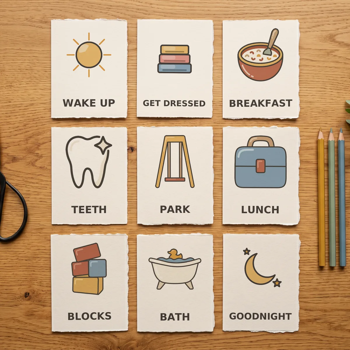 Nine printed routine cards laid out in a three-by-three grid on an oak table, reading wake up, get dressed, breakfast, teeth, park, lunch, blocks, bath, goodnight, with craft scissors and three pencils beside them.